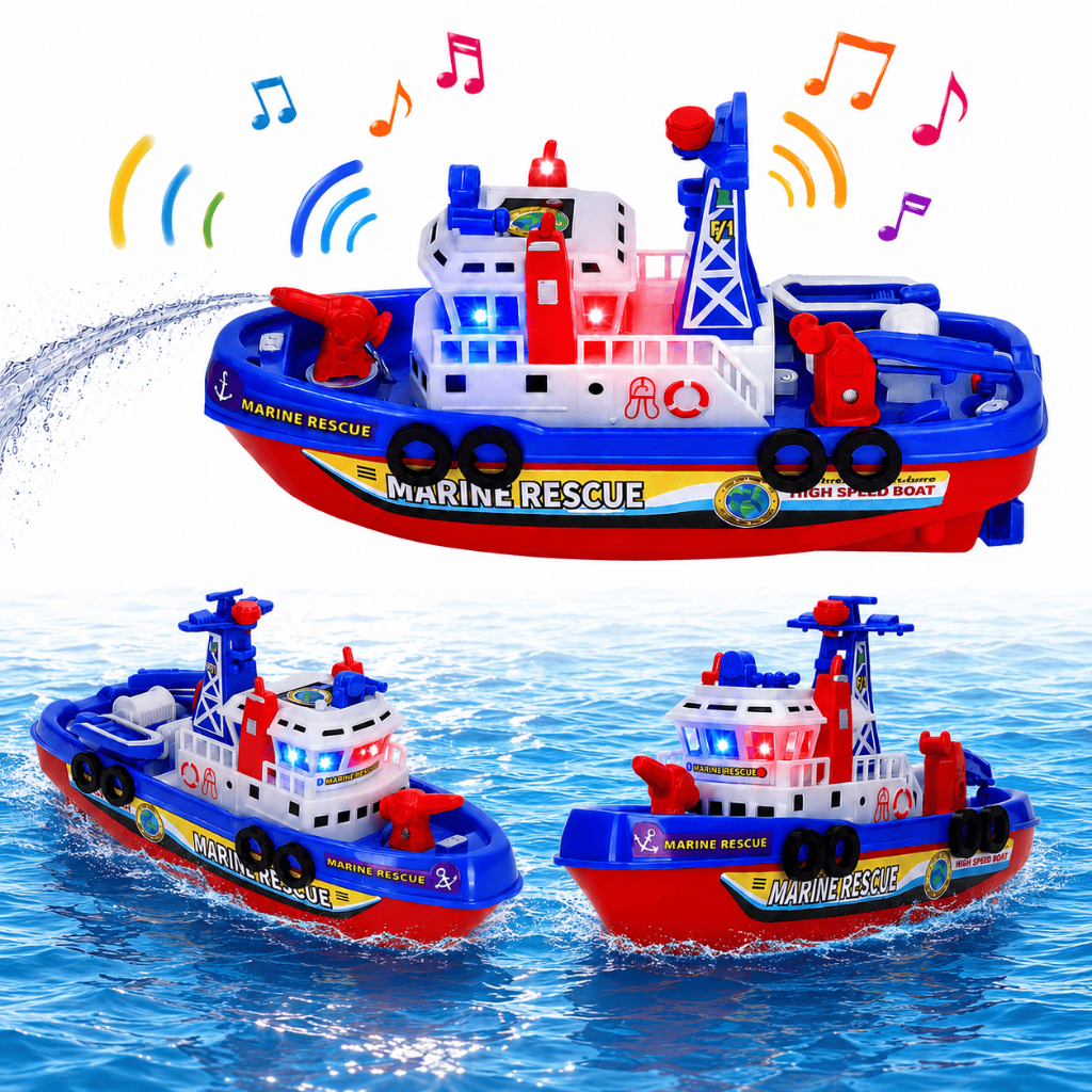 Barco Navio Solta Agua Som e Luz Flutua Brinquedo Infantil Lancha Agua Criança Menino Piscina Resgate Presente Legal