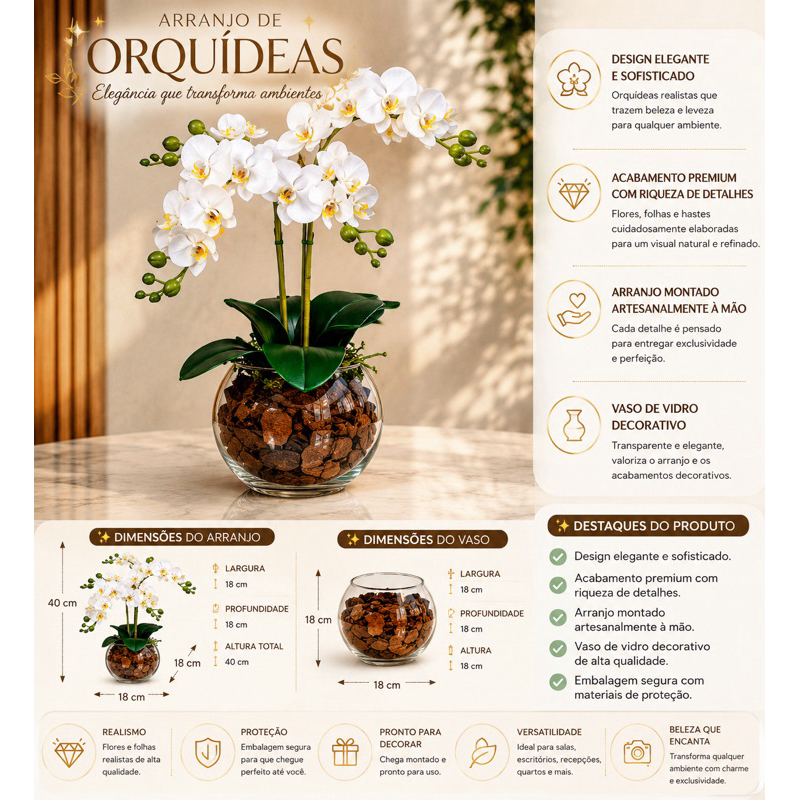 Arranjo Artificial Orquídea 3D Decorativo 4 Hastes Vaso Vidro