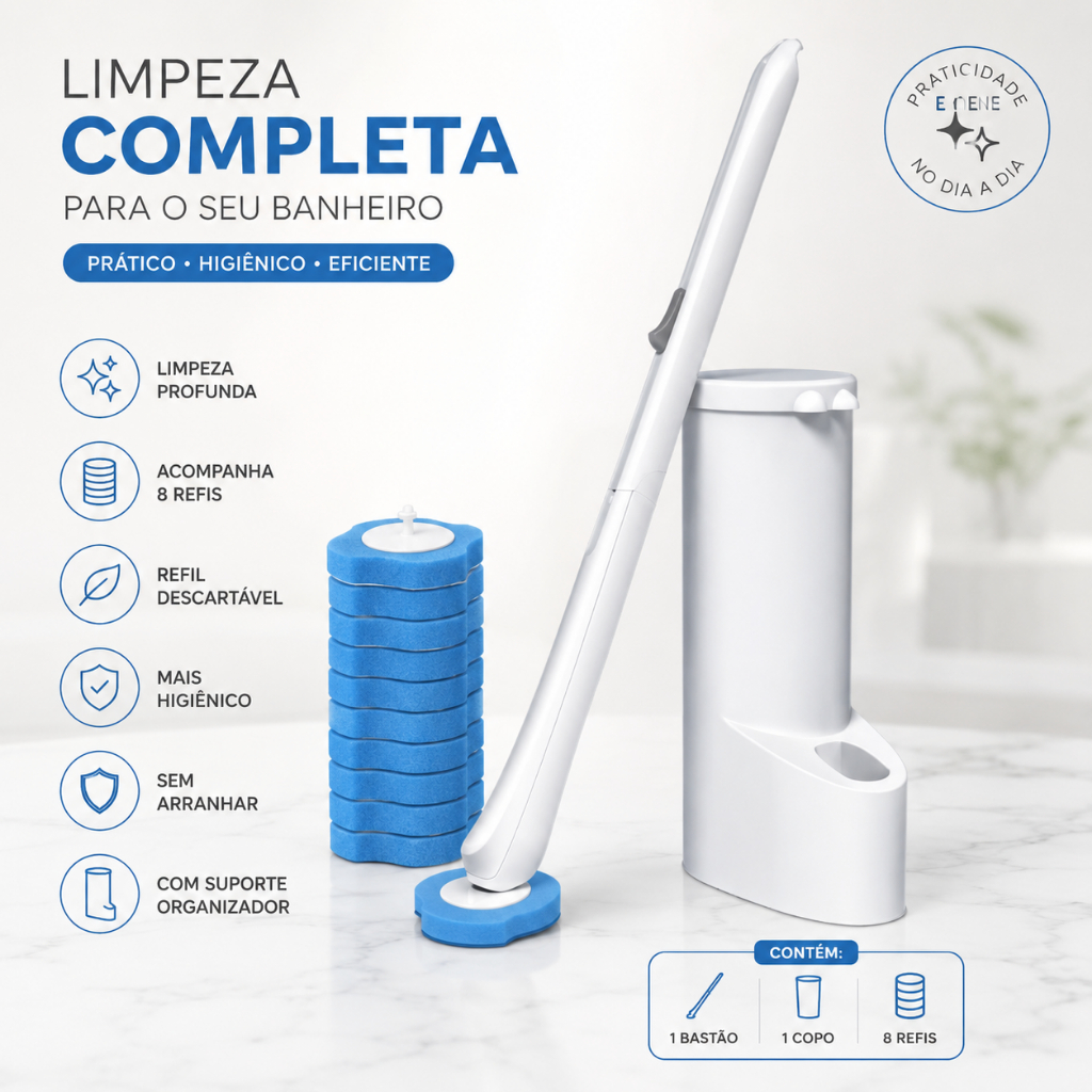 Escova Sanitária Banheiro Com Refis Descartáveis Suporte Limpeza Vaso Sanitário Kit 8 Refis
