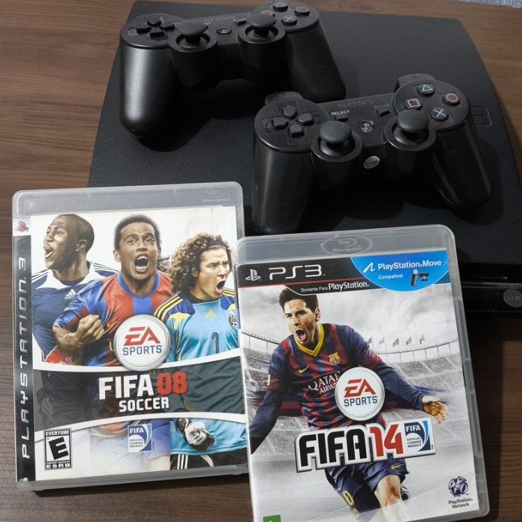 PS3 Slim Desbloqueado + 2 Controles + Pen Drive Multijogos + FIFA 08 AO 14 ORIGINAL
