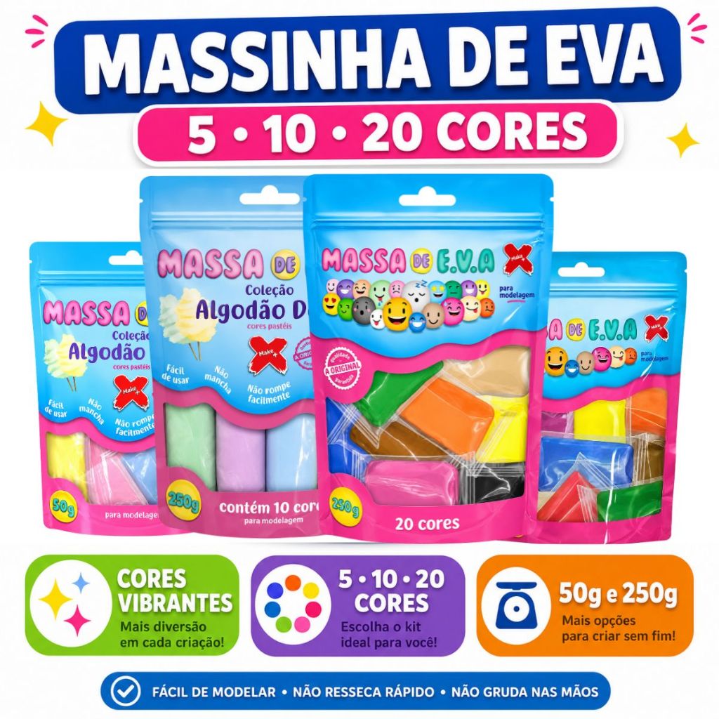 Massinha de Eva Modelagem Infantil Artesanato Escolar Massa Algodão Doce Colorido Cor Pastel Make+