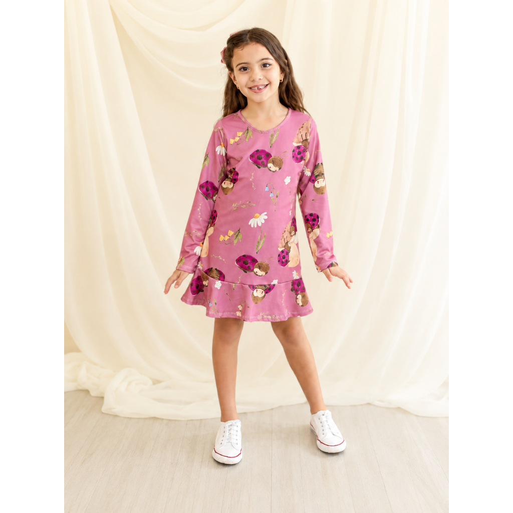 Vestido Infantil Manga Longa Estampa Joaninha Crepe Malha Premium - Do 2 ao 14
