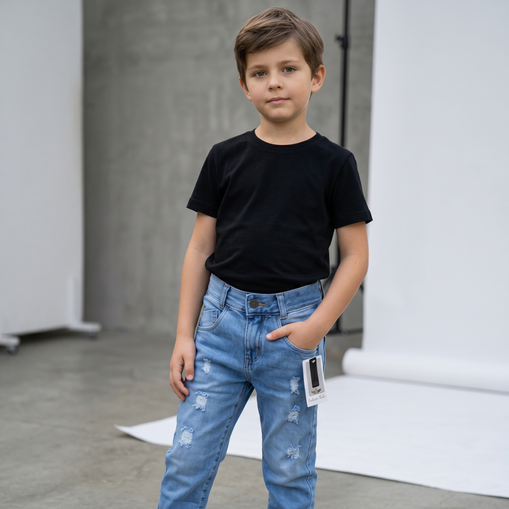 Calça Jeans Infantil Menino Rasgadinha Destroyed Rasgada no Joelho + Cinto de Brinde🎁