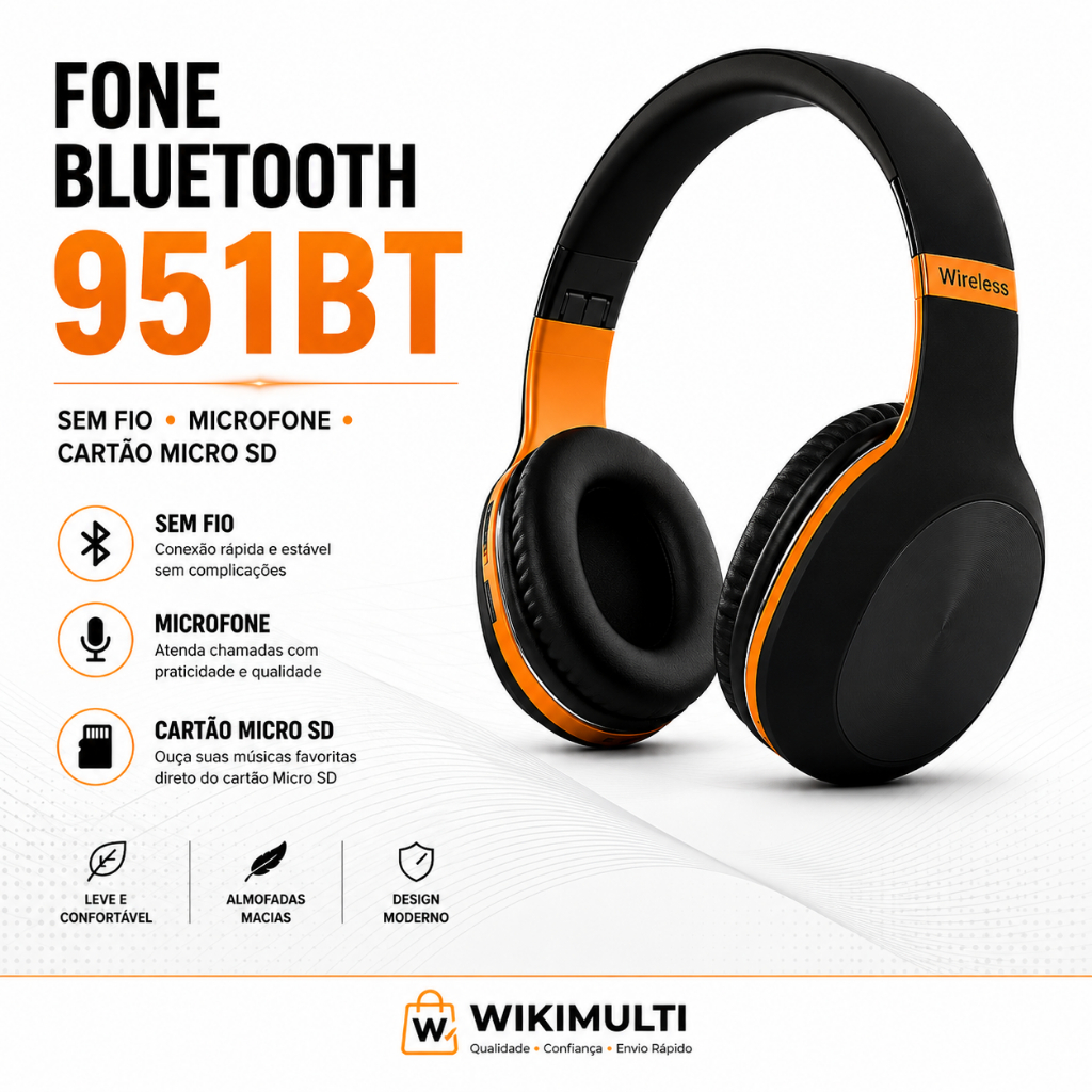 Fone Bluetooth Wireless Headphone 951BT  Bass Com Entrada P2, Cartão SD e com Logo BL - Preto