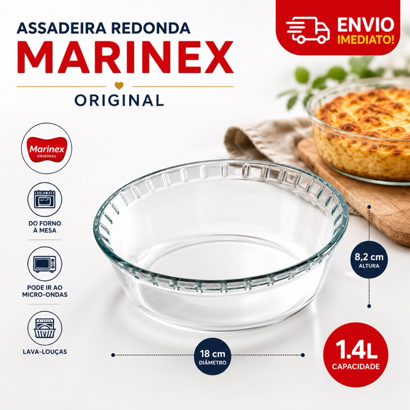 Assadeira Forma Redonda Suflê 1,4L Marinex – Vidro Temperado, Air Fryer Forno e Microondas Nadir Fi