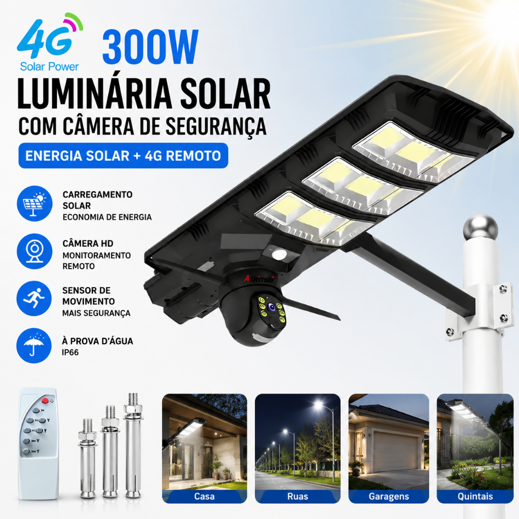 Luminária Solar 300W com Câmera 4G | Luz LED Externa com Sensor de Movimento | Segurança com Monitoramento Remoto IP66