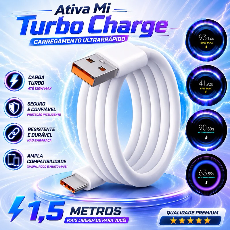 Cabo Turbo Ativa Mi Turbo Charge 1.5 Metros USB Tipo C 30W/33W/55W/67W/120W