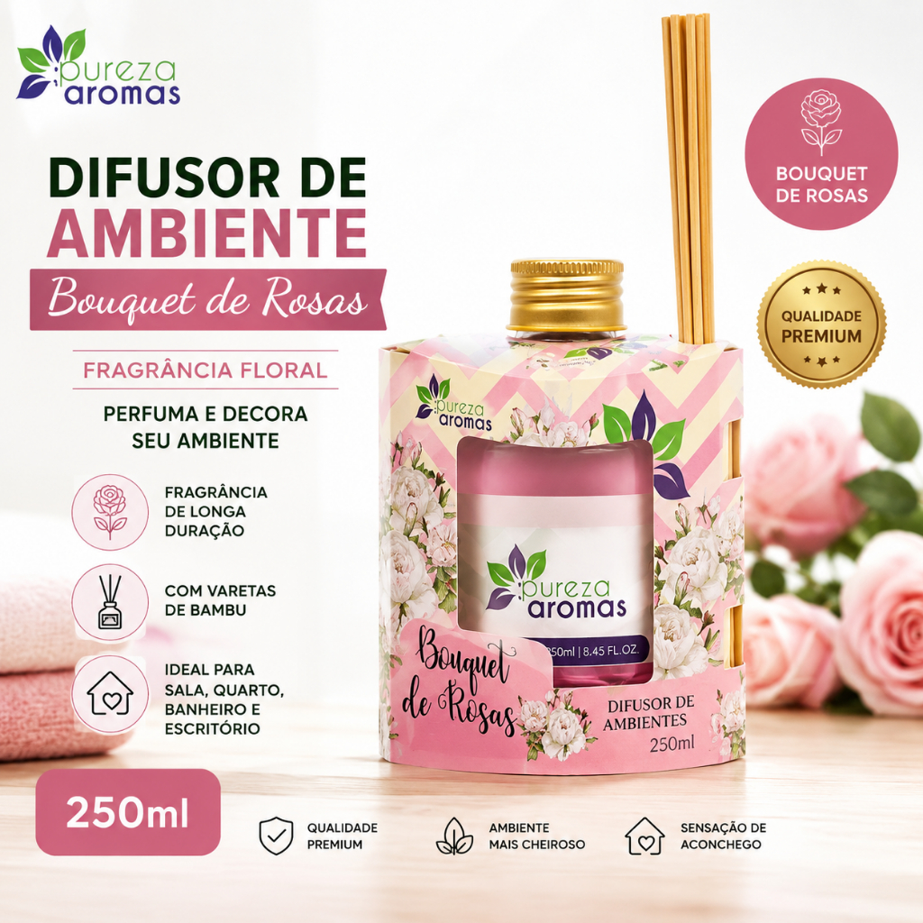 Aromatizador de Ambiente Bouquet de Rosas 250ml Difusor com Varetas Casa Cheirosa
