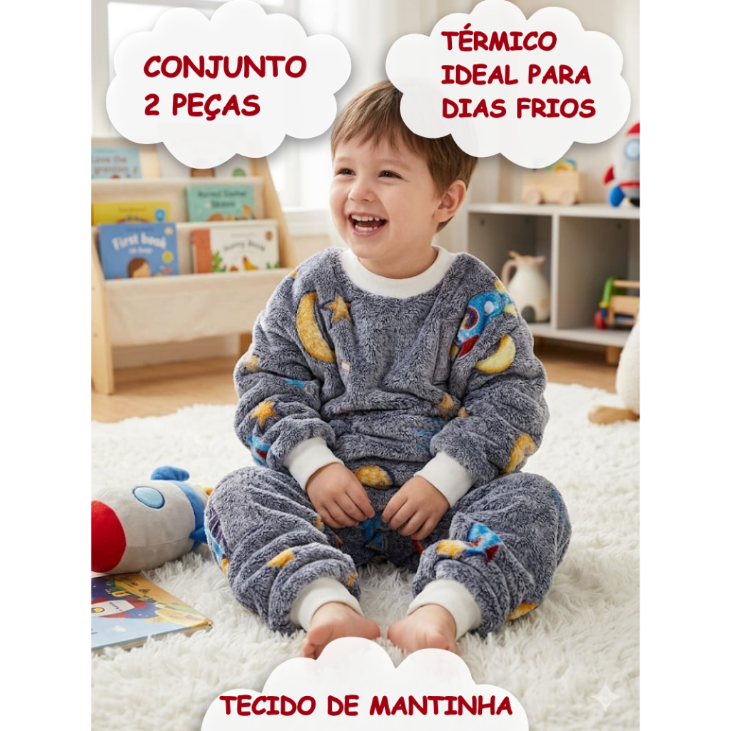 Conjunto Pijama Infantil Mantinha Fleece Térmico Inverno Quentinho Menina Menino Estampas Sortidas