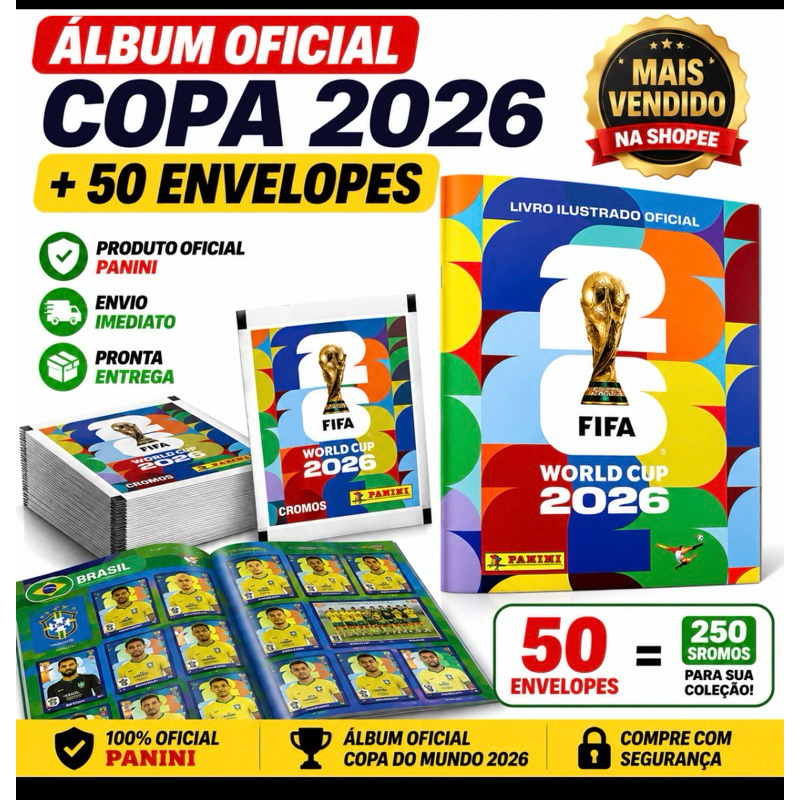 Álbum Oficial Copa do Mundo FIFA 2026 + 50 Envelopes de Figurinhas Lacrados Panini