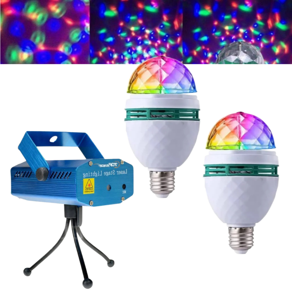 Kit Iluminação Festa Laser RGB + 2 Lâmpadas Giratórias LED Bola Maluca DJ
