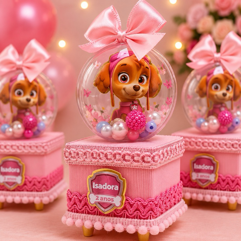 Caixinha Acrílica 6x6 Luxo com Esfera Personalizada SKYE PATRULHA CANINA | Lembrancinha Festa Infantil