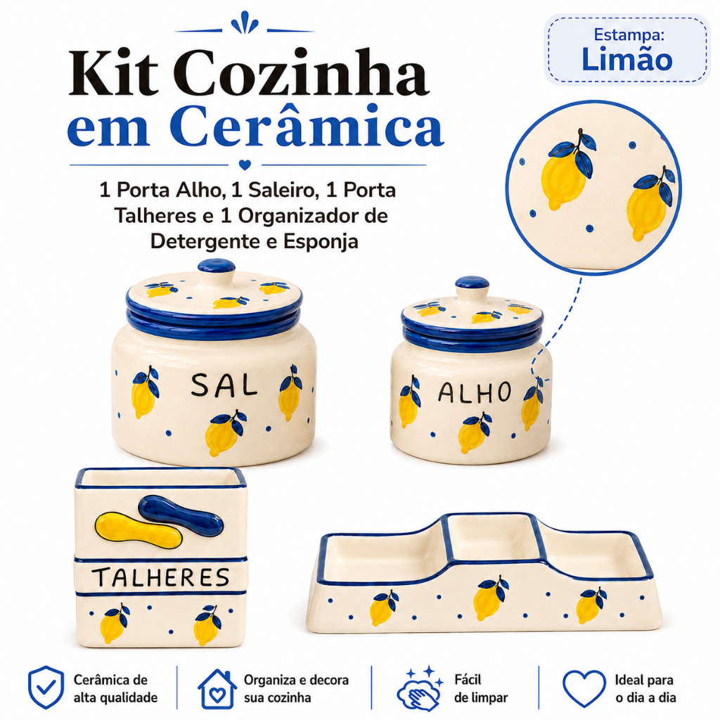 Kit 4 Cerâmica Artesanal E Organizador Cozinha Porta Alho Saleiro Porta Talheres Suporte Detergente.