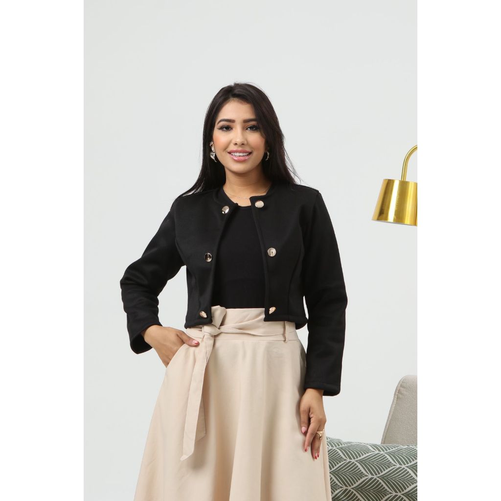 Jaqueta Cropped Feminina em Lã Batida com Botões Dourados