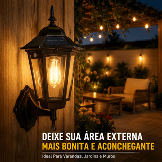 Arandela Solar Externa Retrô Preta LED Luz Quente com Painel Solar Sensor Automático Impermeável Ideal para Jardim