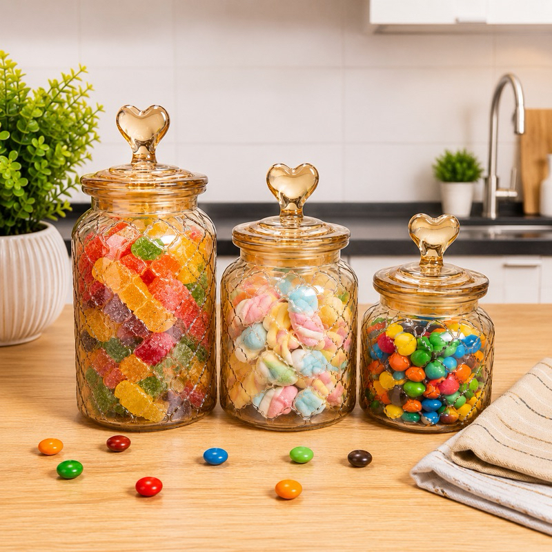 Pote de Vidro hermético Âmbar com Tampa Coração – Decorativo Luxo Porta Doces / Bomboniere Elegante