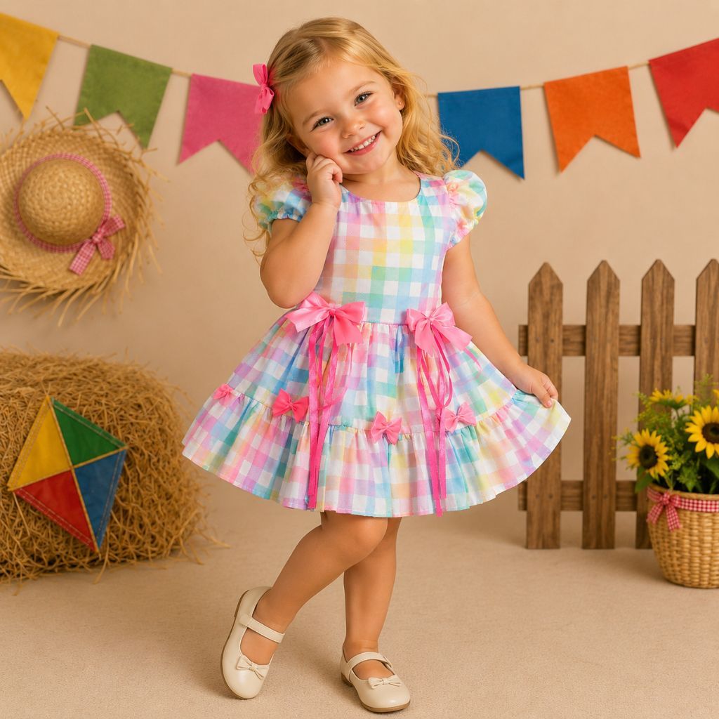 Vestido Festa Junina Infantil Xadrez Com Laços Rodado 2 ao 10 - PB