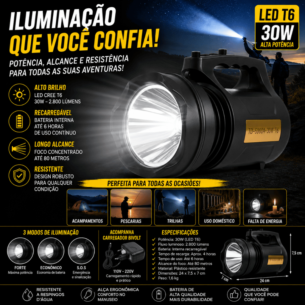 Lanterna T6 LED Recarregável 30W Holofote Longo Alcance Bivolt Para Pesca Trilha Camping
