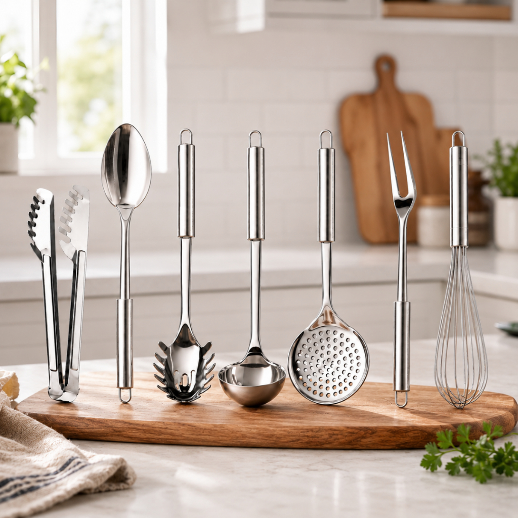 Jogo Kit 7 Utensílios Cozinha Aço Inox - Concha Escumadeira Colher Pegador Massa Pegador U Garfo Fue