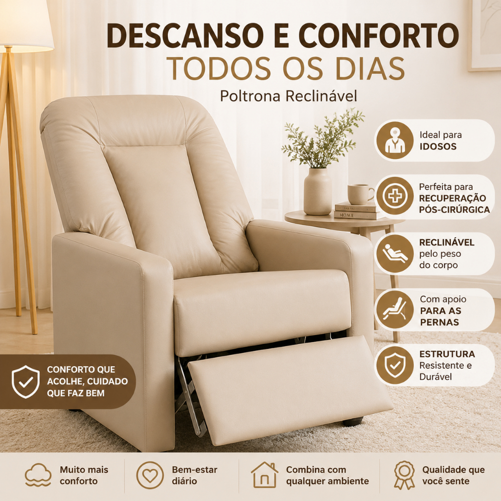 Poltrona Descanso Reclinável Slim Para Idosos Recuperação Pós Operatório Sala TV Apoio Para Pernas Confortável Corino