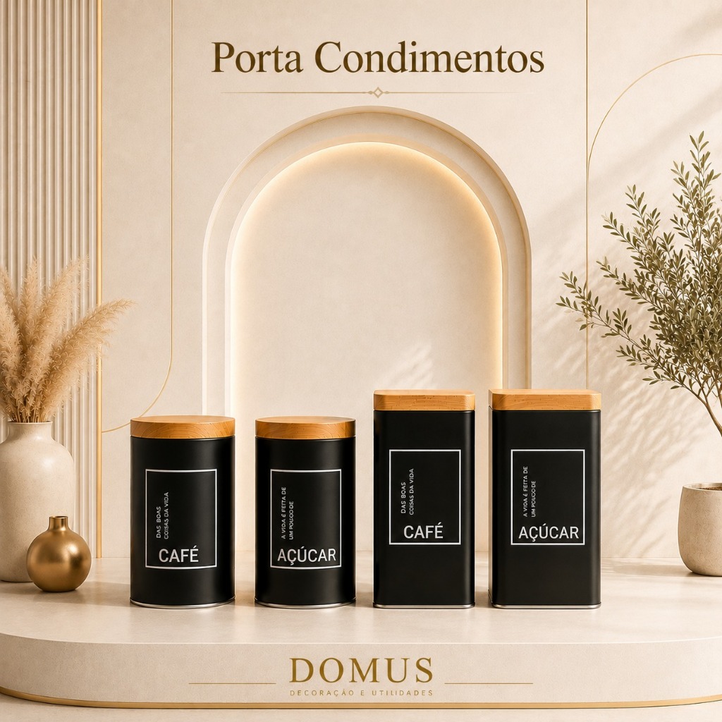 Conjunto Porta Condimentos Café Açúcar Lata Organizador Cozinha Tampa Madeira Decoração Moderna Pote
