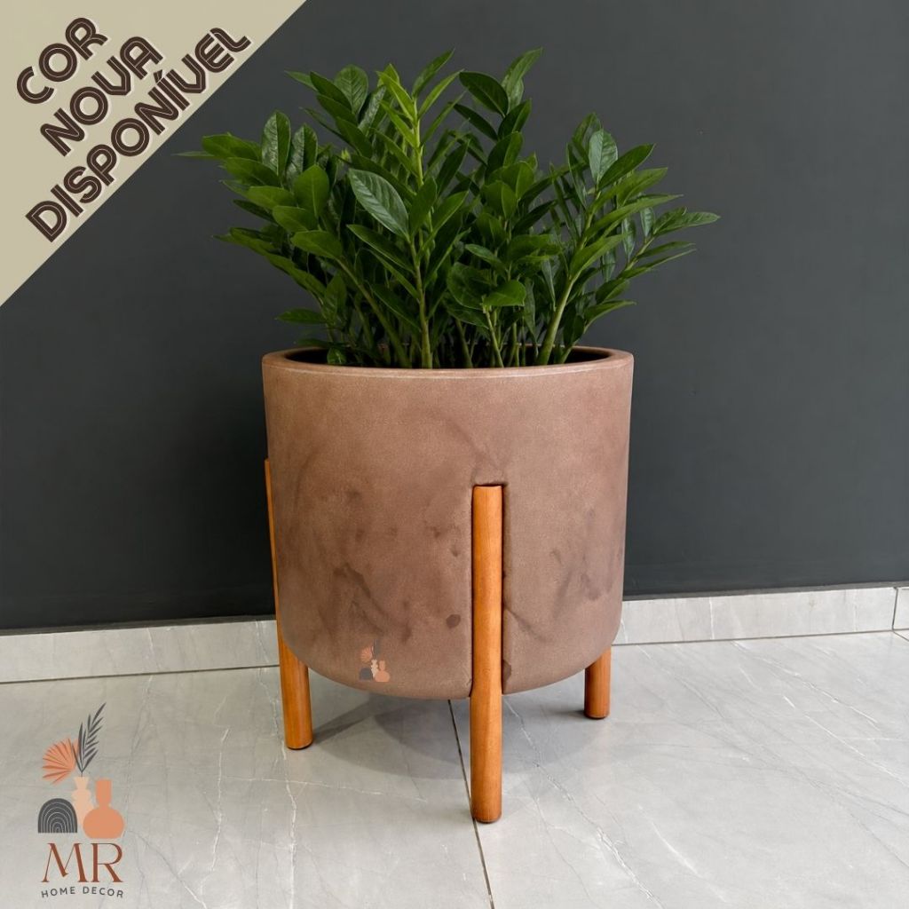 Vaso para planta Mônaco G, cilíndrico com pé em madeira design moderno