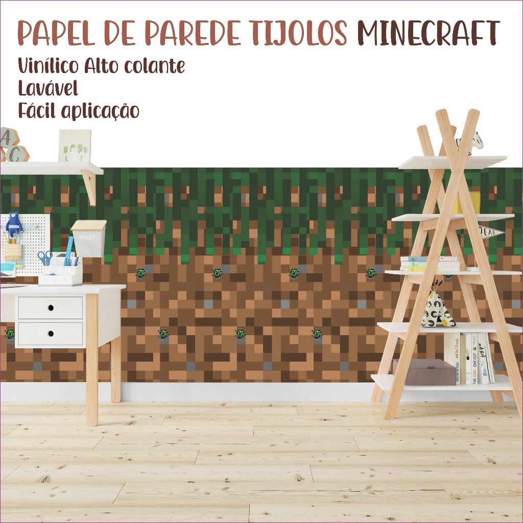 PAPEL DE PAREDE MINECRAFT | PAREDE TIJOLO | ALTO COLANTE | GAMER
