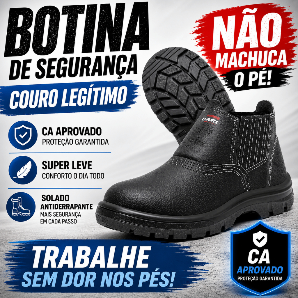 Botina Bota Segurança Couro Legitimo Calce Fácil Elástico Lateral Original COM CA Certificação Garantida Industria