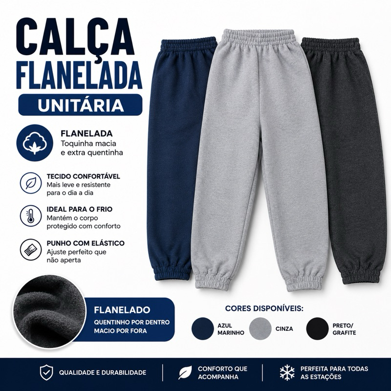 Calça Moletom Infantil 100% ALGODÃO Punho Kyly Quentinha Inverno Flanelada Confortavel Macia Creche