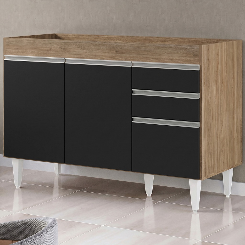 Balcão Gabinete Para Pia 120cm sem Tampo 3 Portas 2 Gavetas Michigan Castanho/Pr