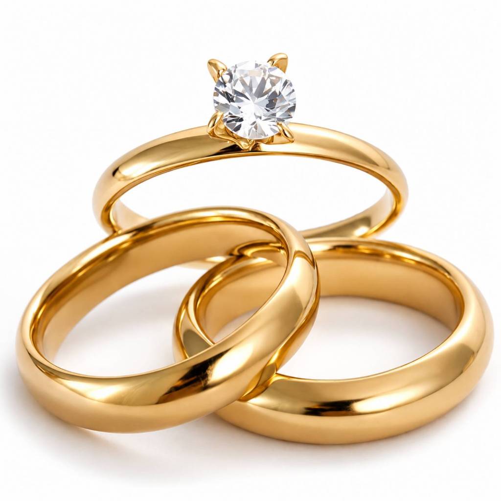 Par de Alianças Moeda Antiga 6mm Banhada a Ouro 18K + Anel Solitário Noivado Casamento