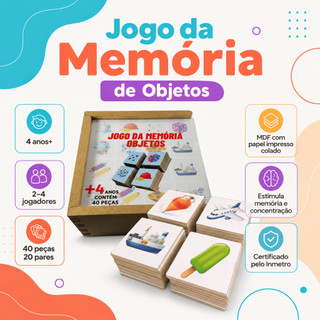 Jogo da Memória Objetos Brinquedo Educativo Infantil Pedagógico Alfabetização Madeira Menina Menino