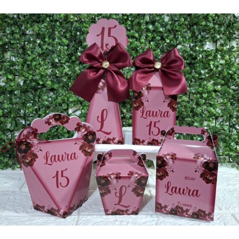 Kit Caixinhas 15 anos, Floral Marsala. Lembrancinha Personalizada Aniversário(FAZEMOS TODAS IDADES)