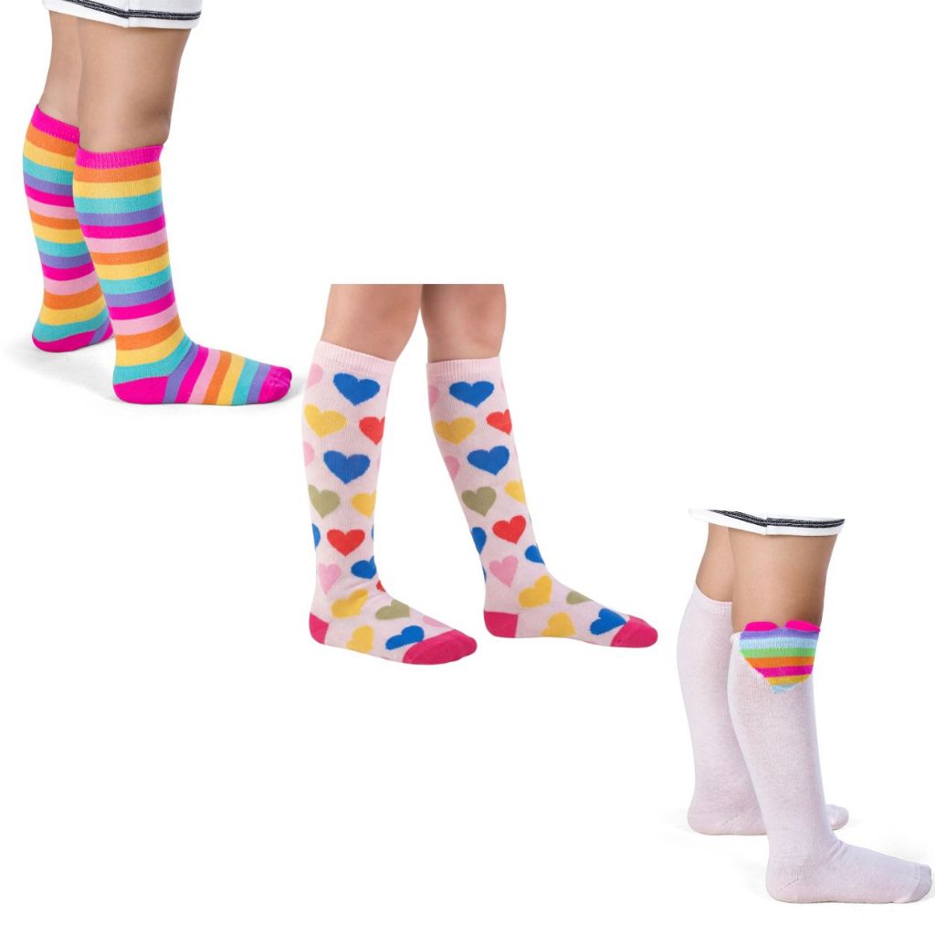 Kit 3 Pares Meia Infantil Menina Galochita 3/4 Cano Alto Colorida Macia Confortá