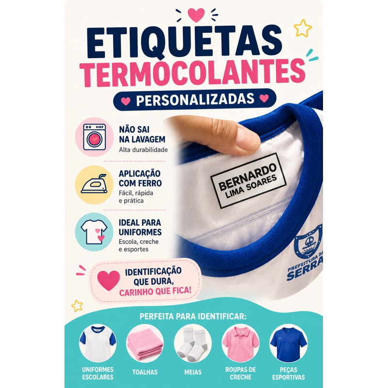 65 Etiquetas Termocolantes Personalizada para Uniforme Escolar |Etiqueta para Roupas|Não Sai na Lavagem|Uniforme Escolar