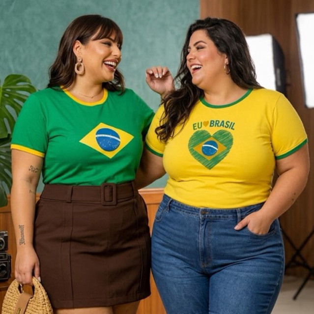 Blusa T-Shirt Camiseta Plus Size Feminina Moda Feminina Camisa Casual Estilosa Copa do Mundo Brasil