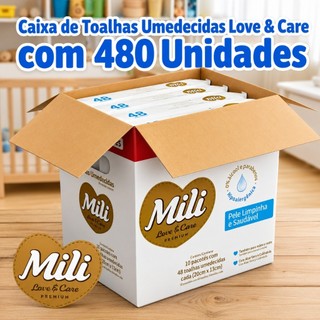 Caixa C/480, 960 ou 1920 Toalhas Umedecidas Mili Love & Care Premium, Hipoalergenico, Zero Álcool e Parabenos