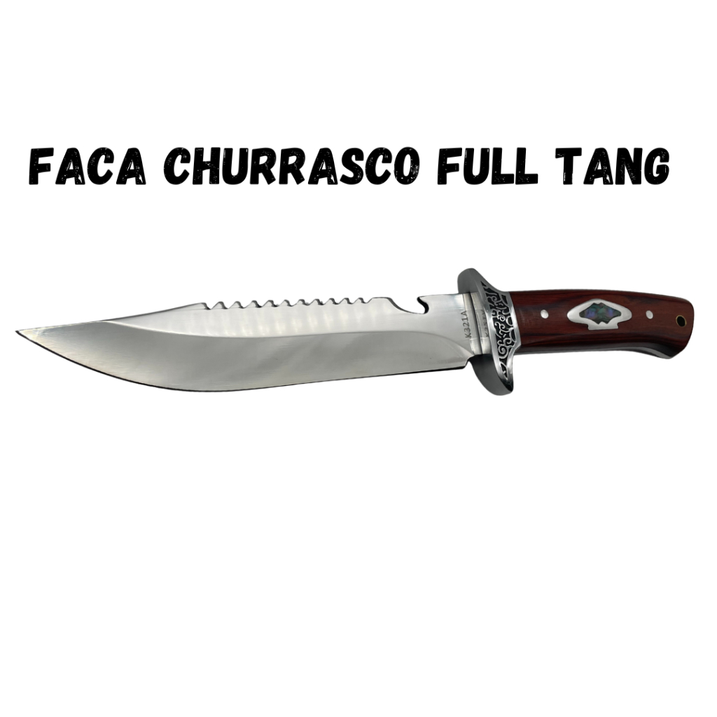Faca Churrasco Caça e Pesca Cabo Artesanal em Madeira, Full Tang Aço Inox - 1648