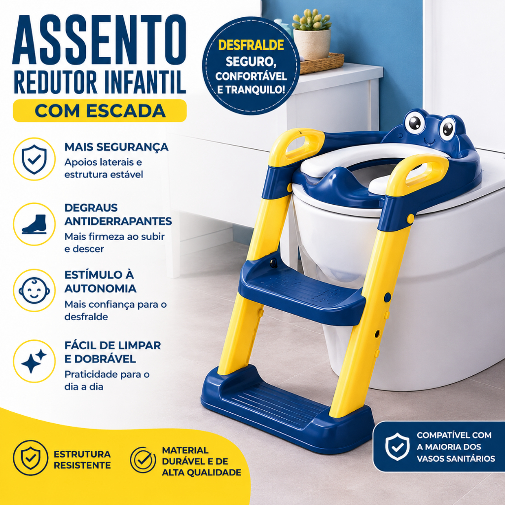Assento Redutor Infantil Com Escada Dobrável Almofadado Antiderrapante Azul Desfralde