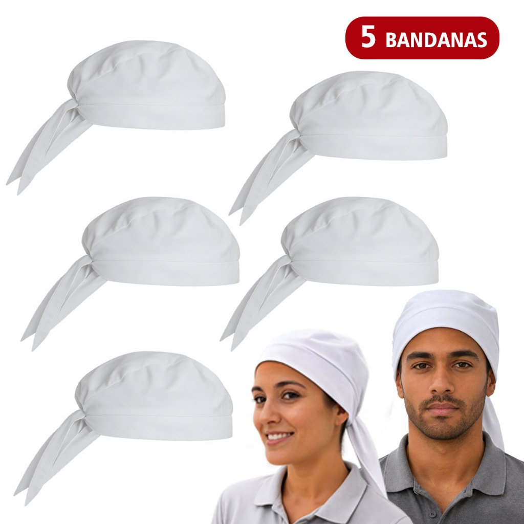 5x Bandana Branca Unissex Kit Touca Garçom/Garçonete Cheff Cozinha Pizzaria Barman Padaria - Oxford