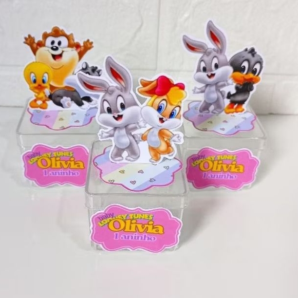 Aplique 3D personalizado para caixinha acrílica 5X5 para lembrancinhas ,tema Baby looney tunes Rosa, leia a descrição.