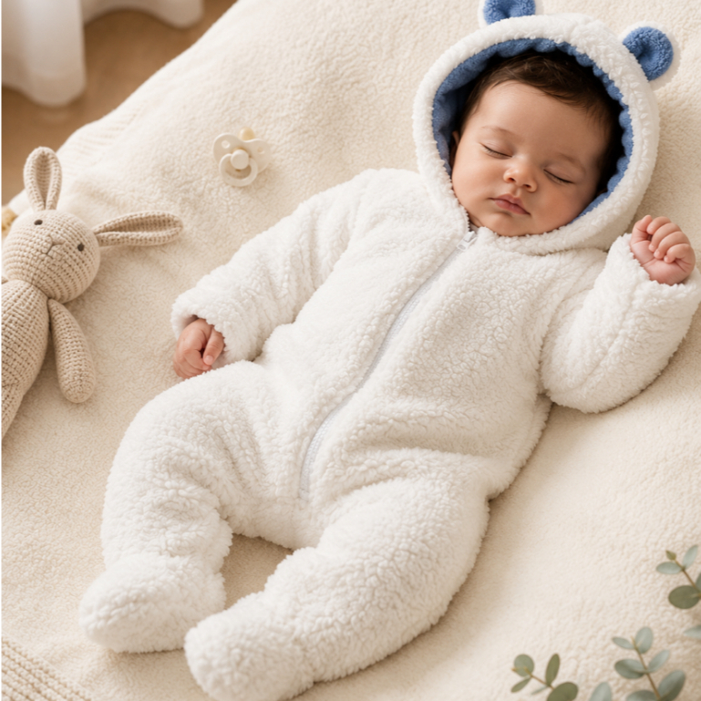 Macacão Bebê Inverno Sherpa Pele de Carneiro com Touca Orelhinhas Quentinho Menino e Menina