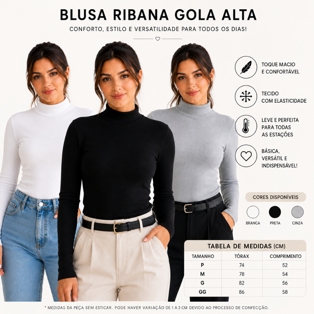 Kit 3 Blusas Femininas Ribana Gola Alta Segunda Pele Versátil