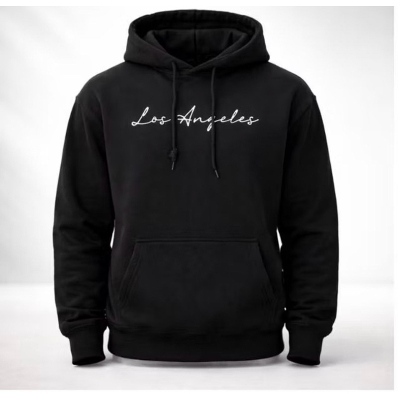 Blusa Moletom Canguru Unissex Los Angeles Estampada Touca e Bolso Flanelada Preto