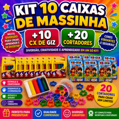 Kit 10 Massinha De Modelar + 10 Giz de Cera + 20 Cortador Molde Kit Festa Lembrancinha