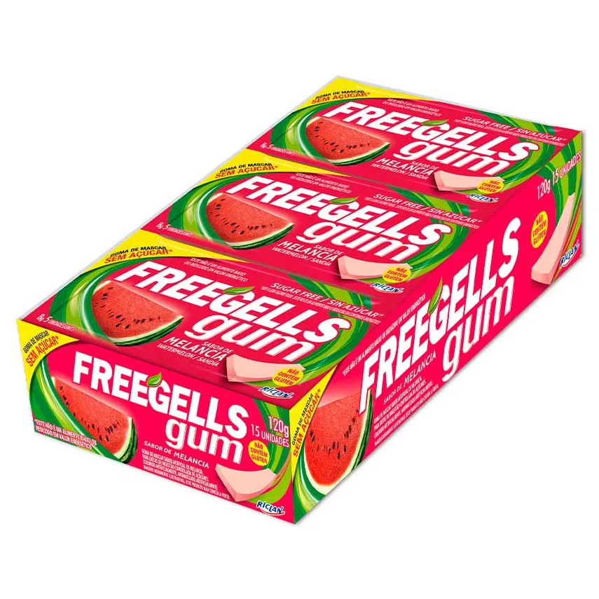 Chiclete Freegells Gum Sabor Melancia Caixa Display com 15 Unidades