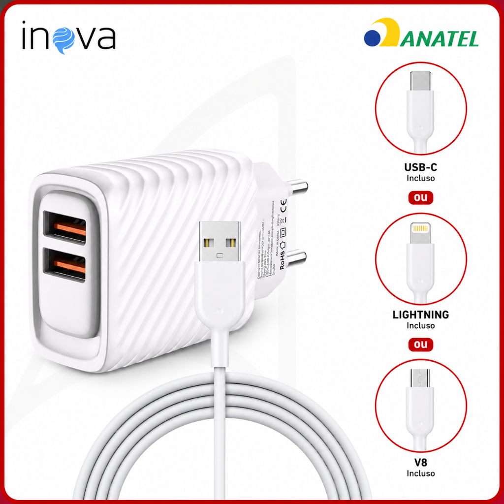 Fonte Inova Original Carregador Celular 2 Entradas Com Cabo iPhone Tipo C V8 Inova