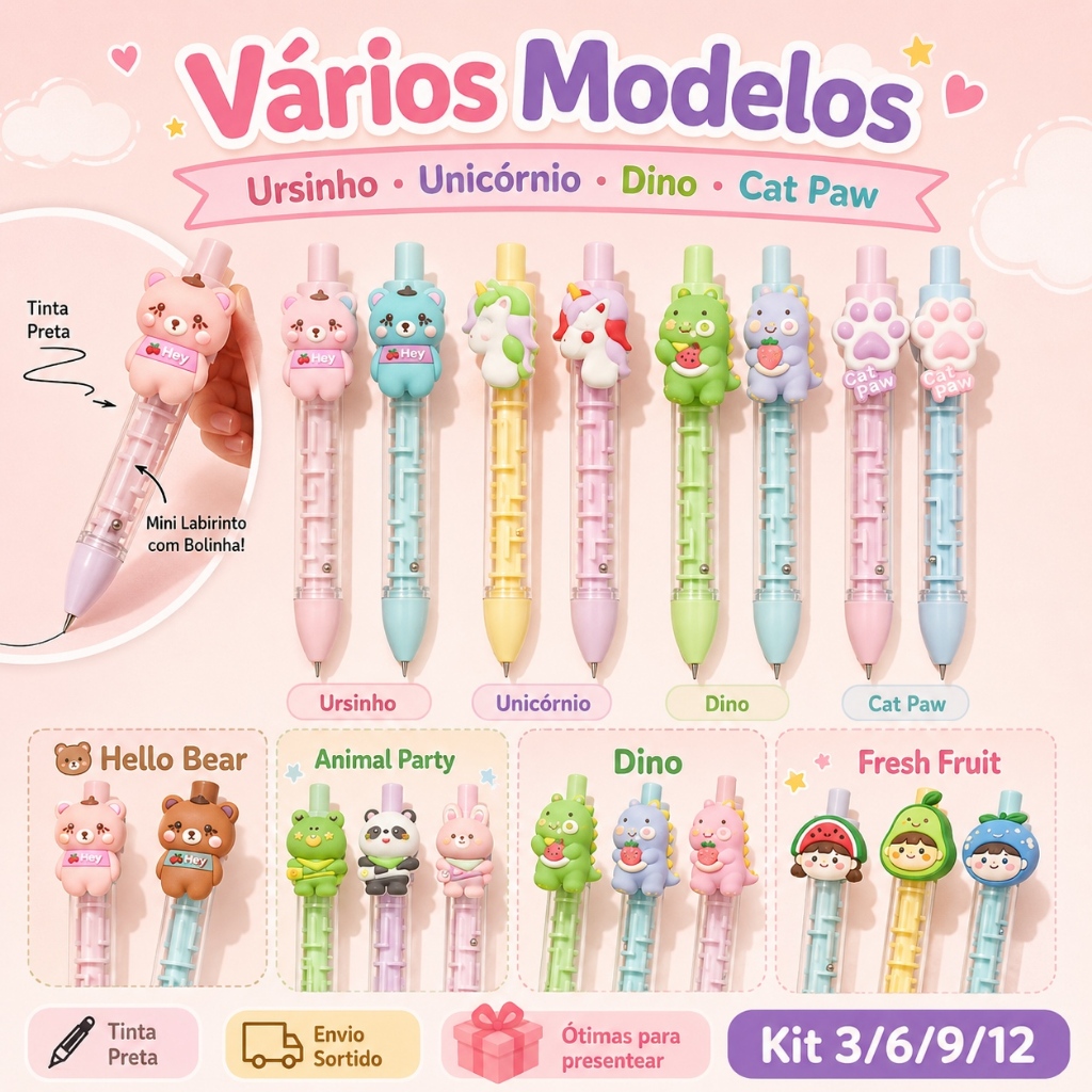 Kit Caneta Esferográfica Retrátil com Labirinto e Bolinha Tinta Preta Modelos Sortidos