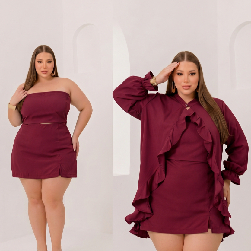 Conjunto Plus Size Feminino Luxo Elegante Short Saia  Cropped  Kimono