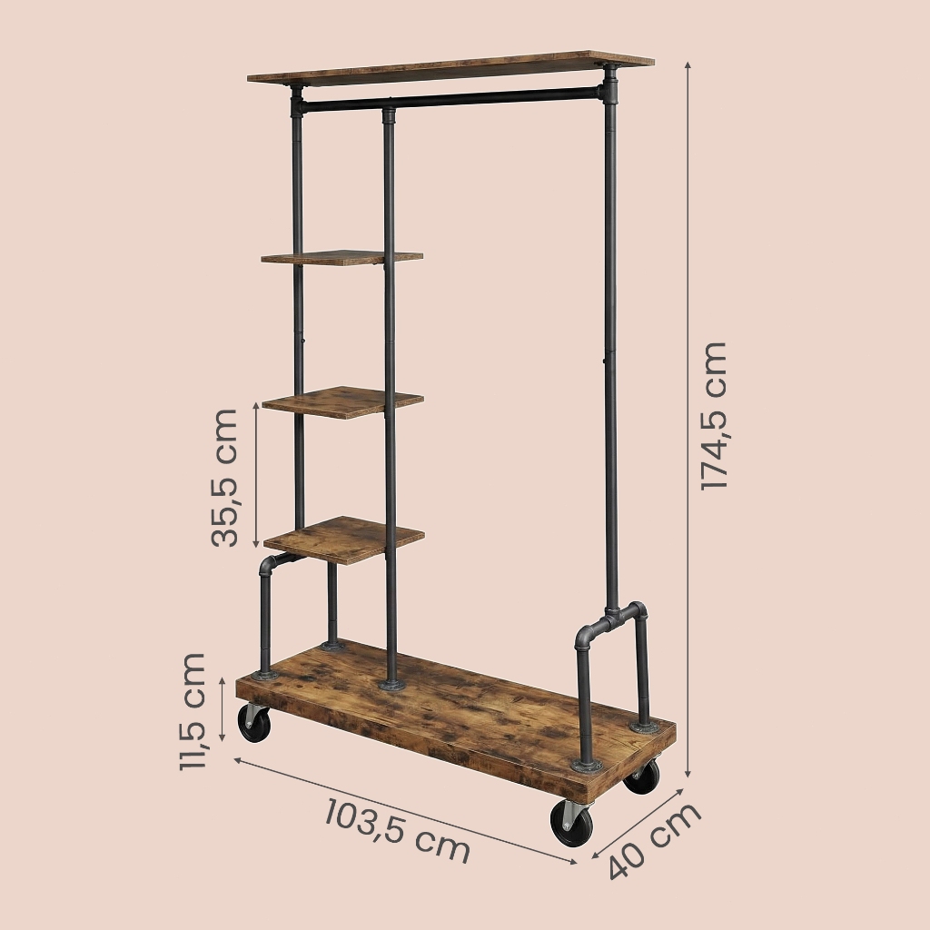 SONGMICS Cabideiro de Roupas com Rodízios, 5 Níveis, Organizador Metálico para Quarto, Sala e Lavanderia, Marrom e Preto · foto 2